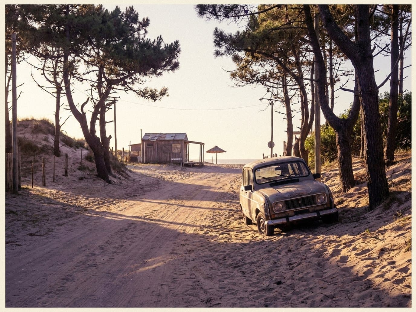 Calle costera entre pinos en Villa Gesell, con luz cálida de tarde