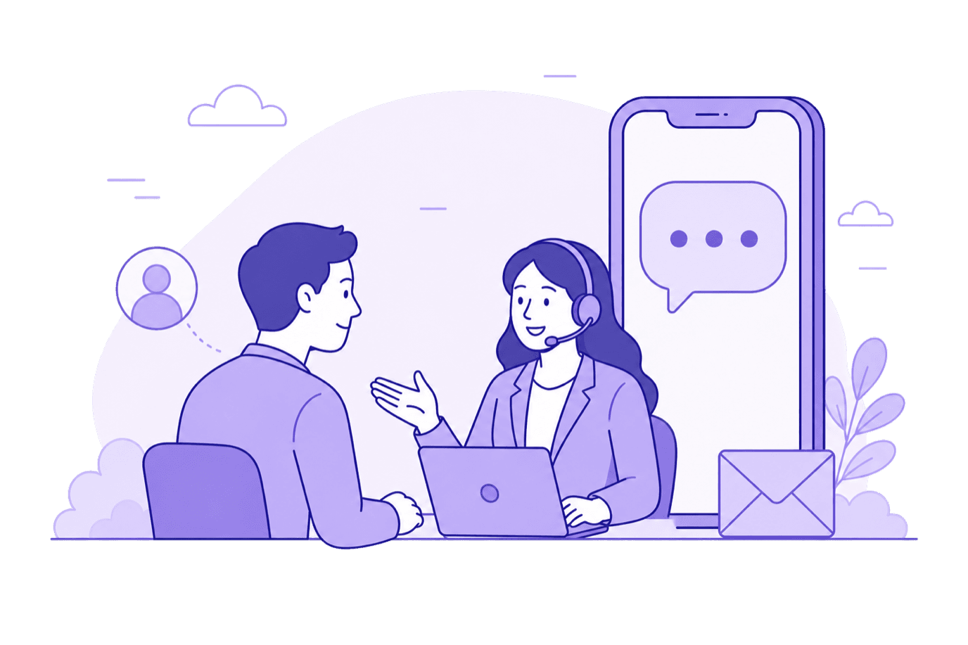 Ilustración de atención personalizada por teléfono, chat y mail, en la paleta de Grupo Marsant
